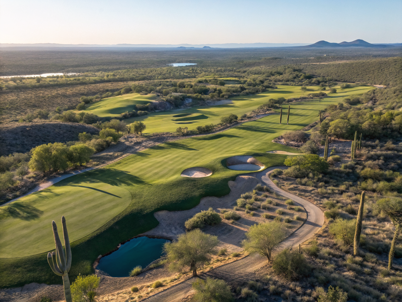 Drone flyover of a luxury golf course hole